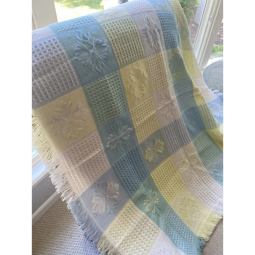 VTG FRIEMANIT Acrylic Boy Baby‎ Blanket Pastel Blue Yellow Squares Fringe Japan